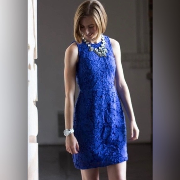 J CREW Cobalt Blue Floral Lace Sheath Dress Sleeveless Size 8 - Picture 4 of 4